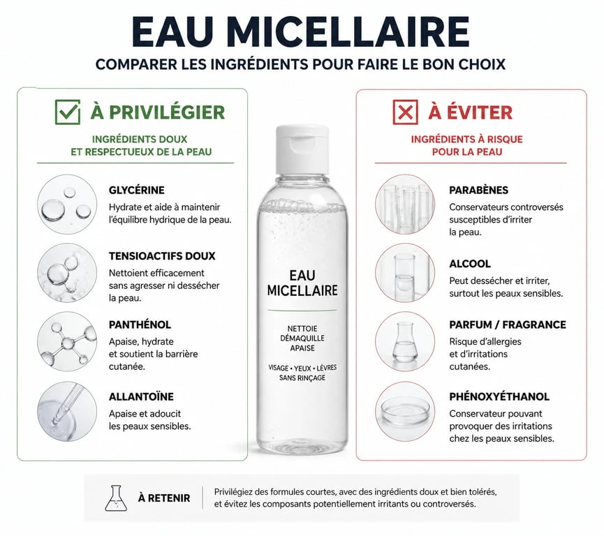 Infographie sur les ingrédients de la meilleure eau micellaire : composants à privilégier et à éviter pour une routine soin efficace.