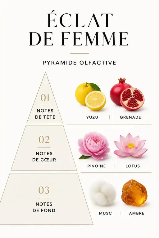 Pyramide olfactive du parfum Éclat de Femme avec notes de tête, cœur et fond