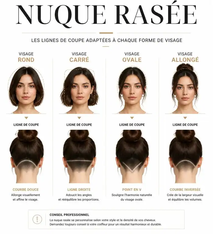 Infographie illustrant l'adaptation de la coupe très courte femme nuque rasée selon la forme du visage