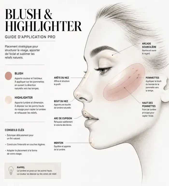 Schéma explicatif où mettre le blush et highlighter pour structurer le visage
