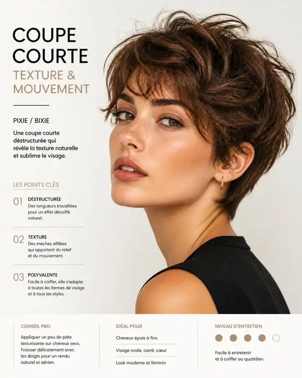 Femme avec une coupe courte déstructurée et effet décoiffé pour cheveux épais et volumineux