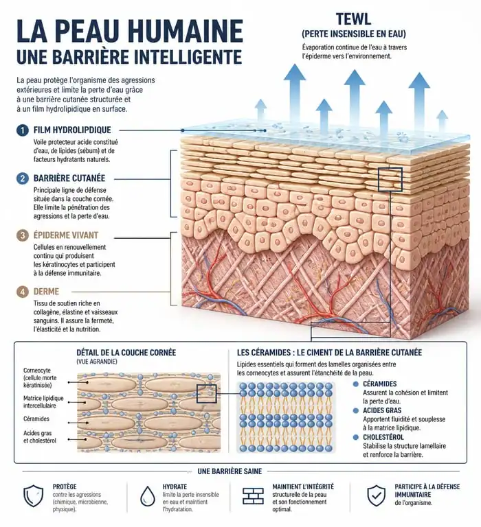 Schéma explicatif du film hydrolipidique et de la perte insensible en eau pour comprendre comment hydrater sa peau