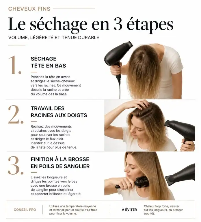 Infographie des étapes de séchage pour donner du volume aux cheveux fins
