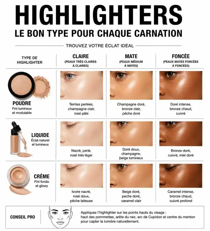 Infographie comparative pour choisir le meilleur highlighter selon sa carnation et sa texture de peau