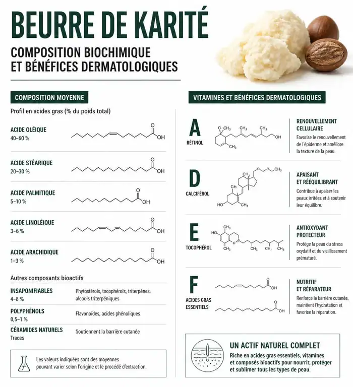 Infographie des bienfaits du beurre de karité et de sa composition en vitamines A, D, E et F pour la peau et les cheveux