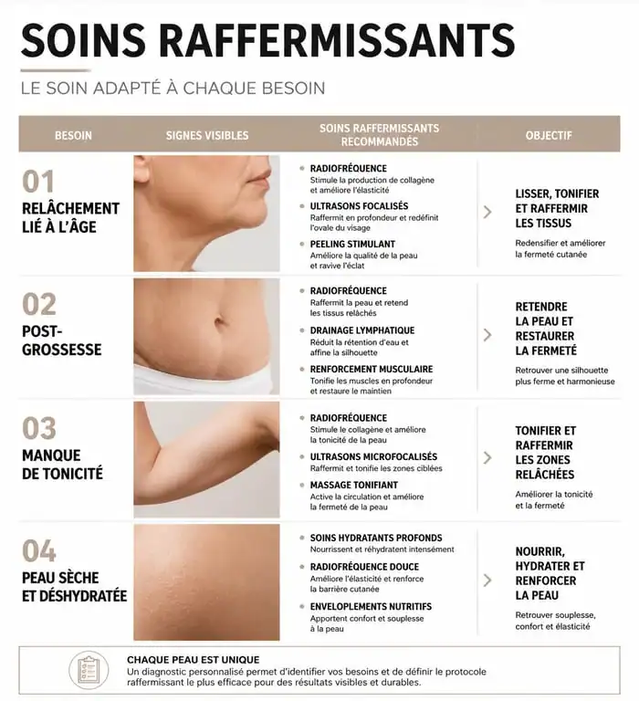Infographie comparative des meilleures crèmes raffermissantes corps selon les besoins et actifs