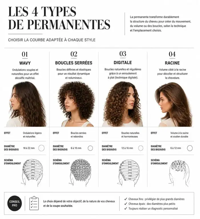 Schéma des différents styles de permanente femme : wavy, boucles serrées, digitale et permanente racine