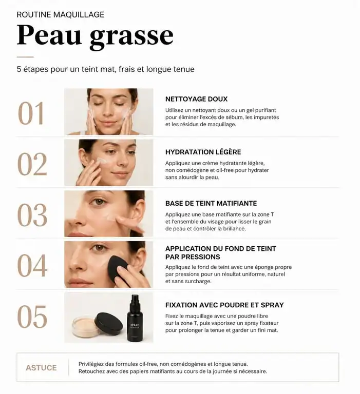 Routine maquillage pour peau grasse : étapes pour un teint mat longue durée