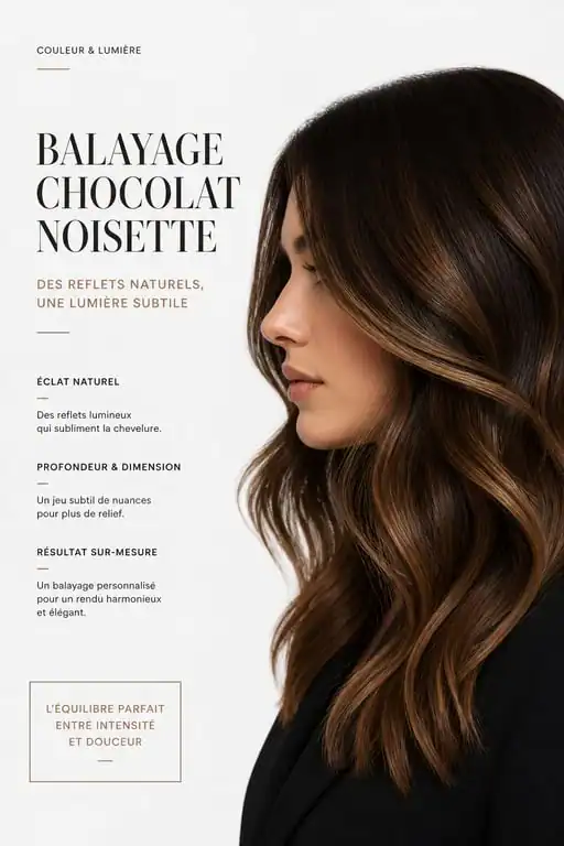 Résultat d'un balayage chocolat noisette sur cheveux bruns avec reflets lumineux