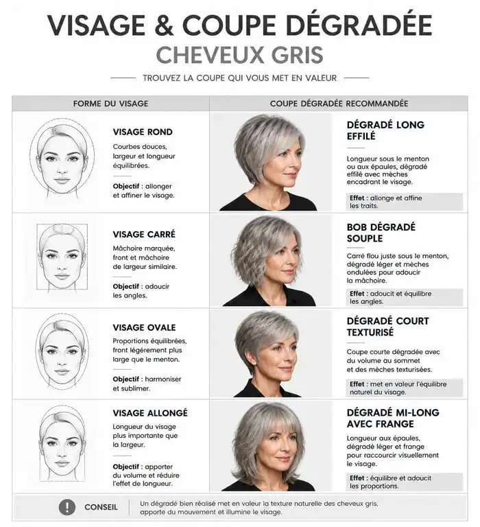 Infographie des coupes dégradées pour cheveux gris selon la forme du visage
