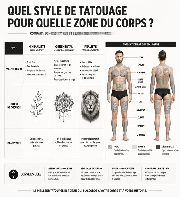 Infographie comparative des styles de motifs de tatouage et emplacements idéaux sur le corps.