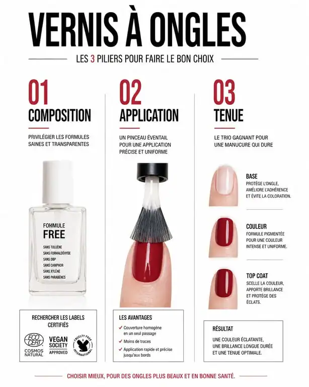Infographie des critères pour choisir le meilleur vernis à ongles : composition, application et tenue.