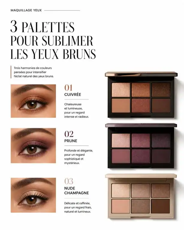 Palette de maquillage pour mariage yeux marron : teintes cuivrées, prune et nude pour un regard sublimé