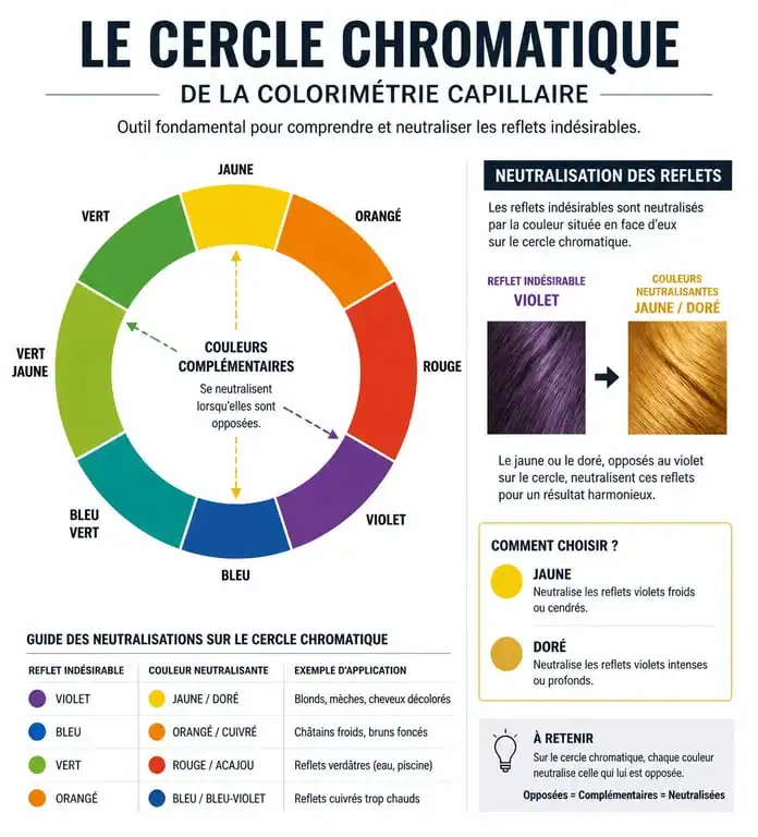 Infographie cercle chromatique neutralisation reflet violet cheveux