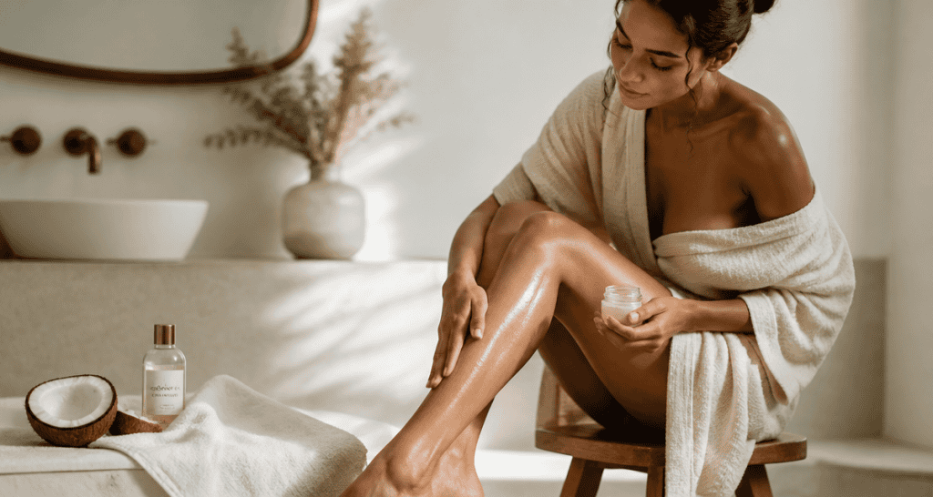huile de coco sur le corps femme applique sur jambes