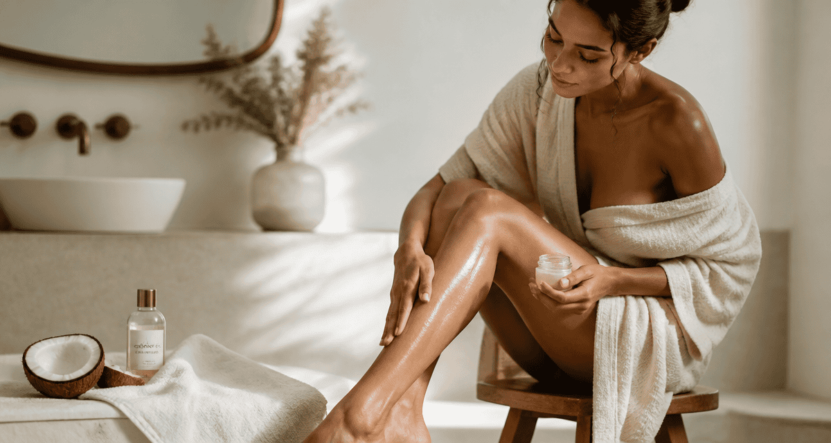 huile de coco sur le corps femme applique sur jambes