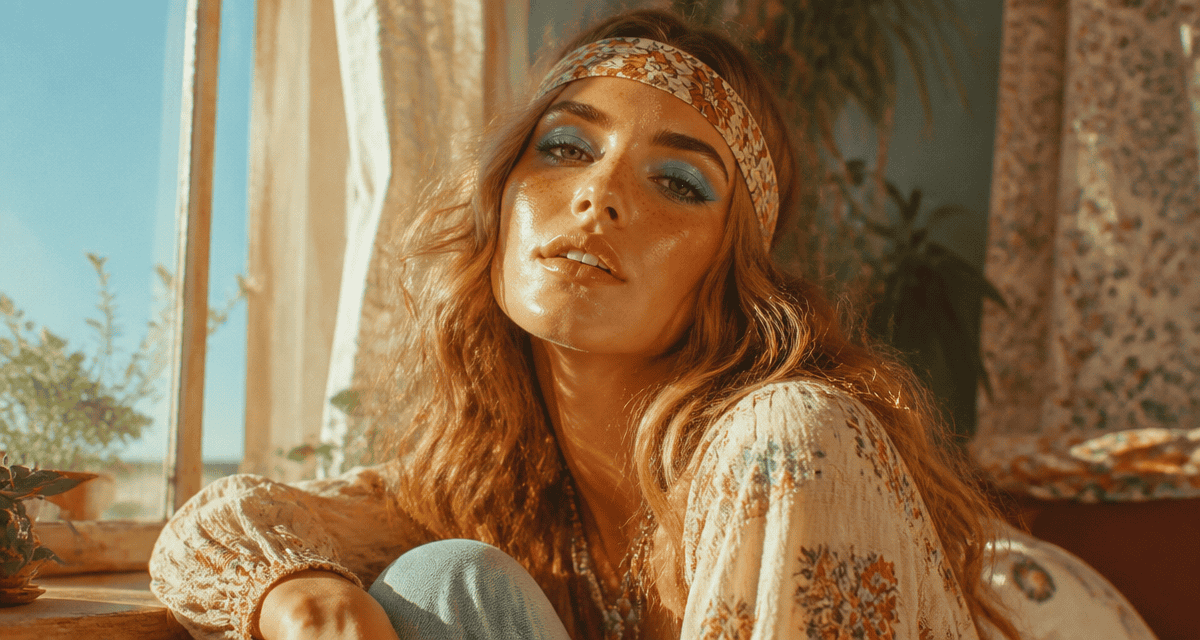 maquillage année 70 hippie femme teint glowy regard azur