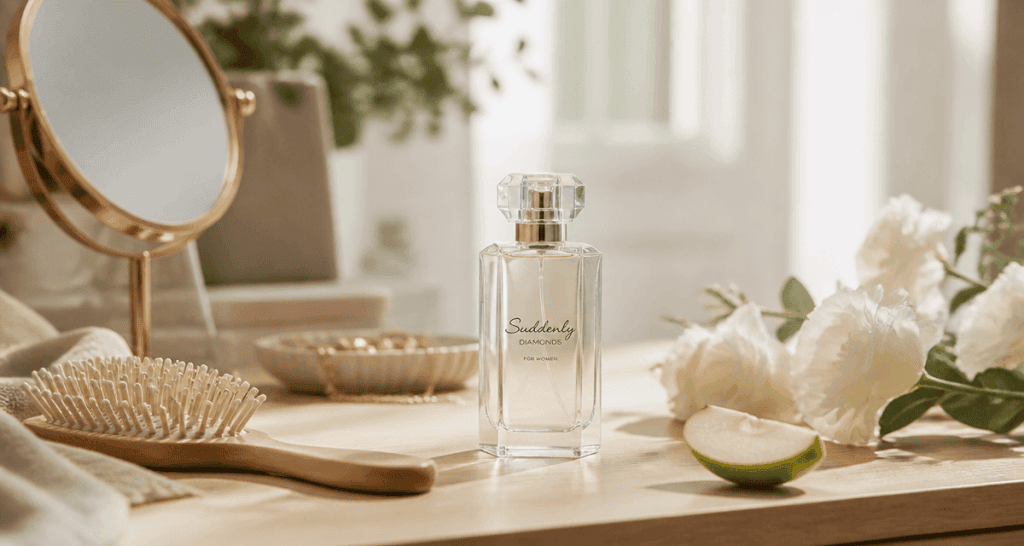 parfum suddenly diamonds avis flacon minimaliste sur coiffeuse