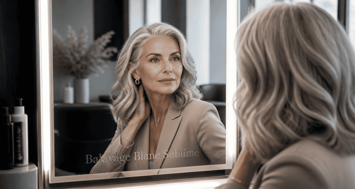 Quel balayage sur cheveux blancs, femme élégante en salon