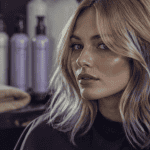 reflet violet cheveux blond devant miroir