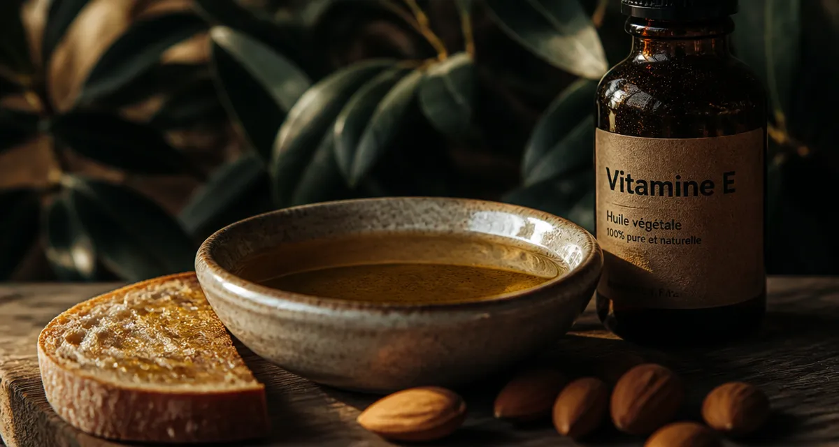 A quoi sert la vitamine E : huile dorée, amandes et pain grillé
