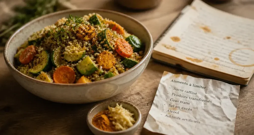 Bol quinoa légumes et gingembre : aliments qui font gonfler le ventre à limiter