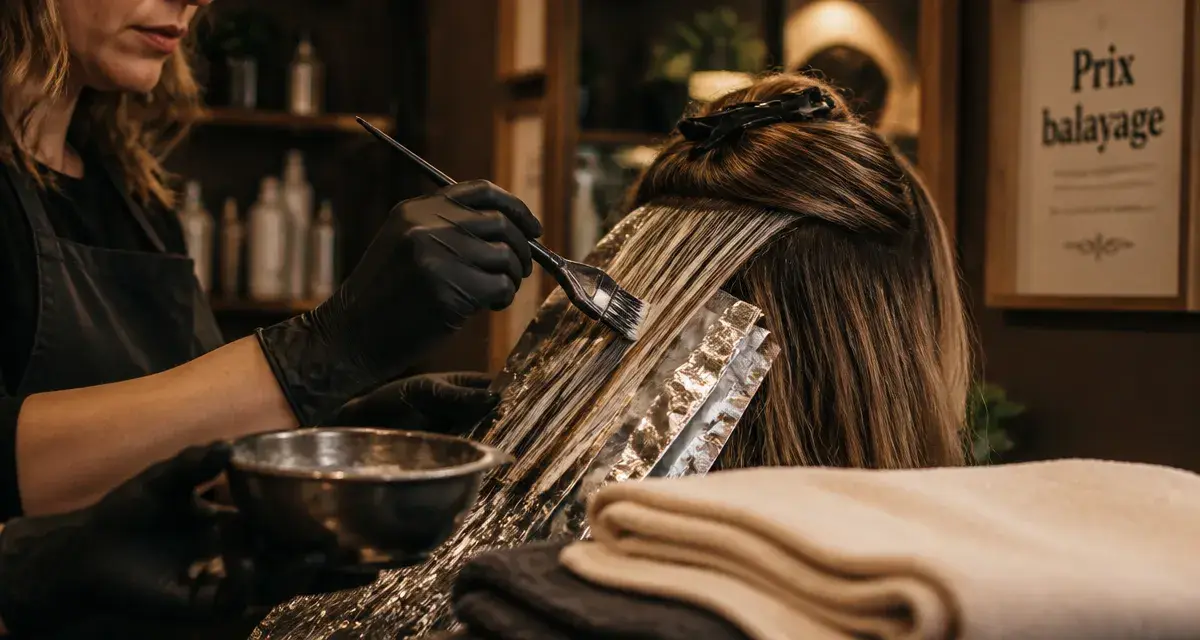 Balayage prix : coiffeuse applique des reflets sur mèches, tarif en salon.
