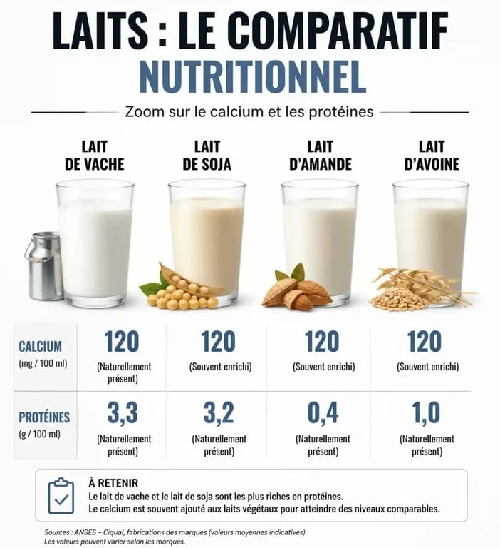Infographie comparative des apports nutritionnels : lait de vache est-il bon pour la santé face aux alternatives végétales