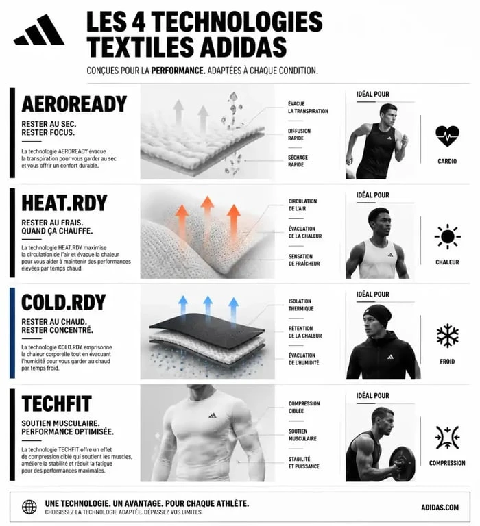 Infographie des technologies textiles pour tenue de sport femme Adidas
