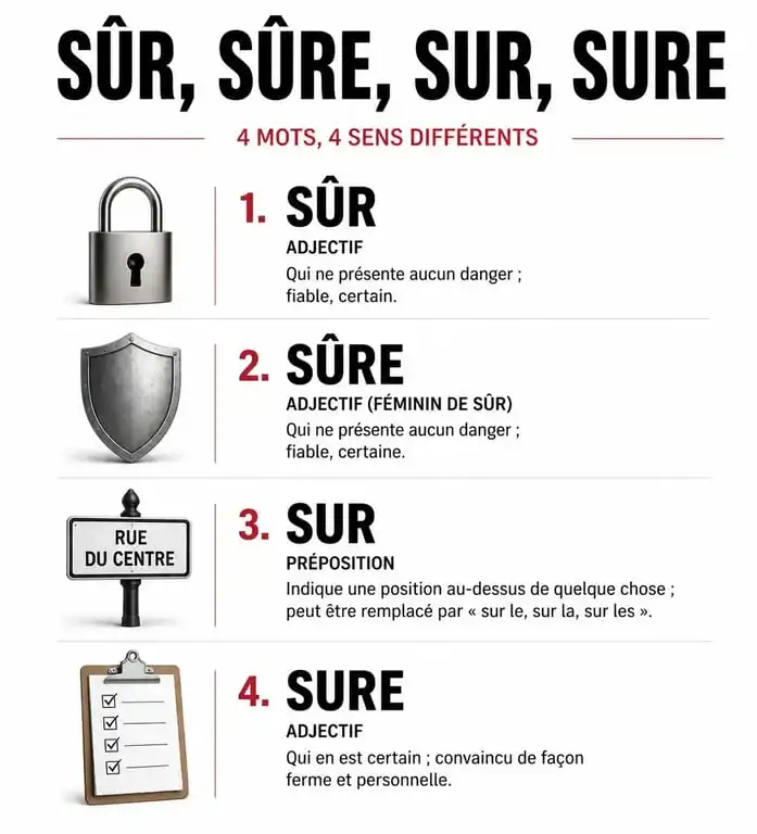 Infographie comparative des homophones sûr, sûre, sur et sure pour ne plus faire de fautes d'orthographe