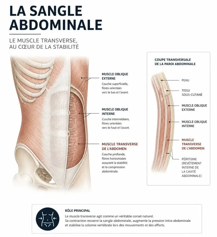 Schéma anatomique illustrant le muscle transverse pour muscler les abdominaux profonds