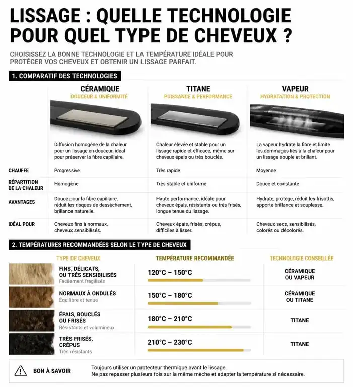 Infographie comparative des technologies et températures pour choisir le meilleur lisseur