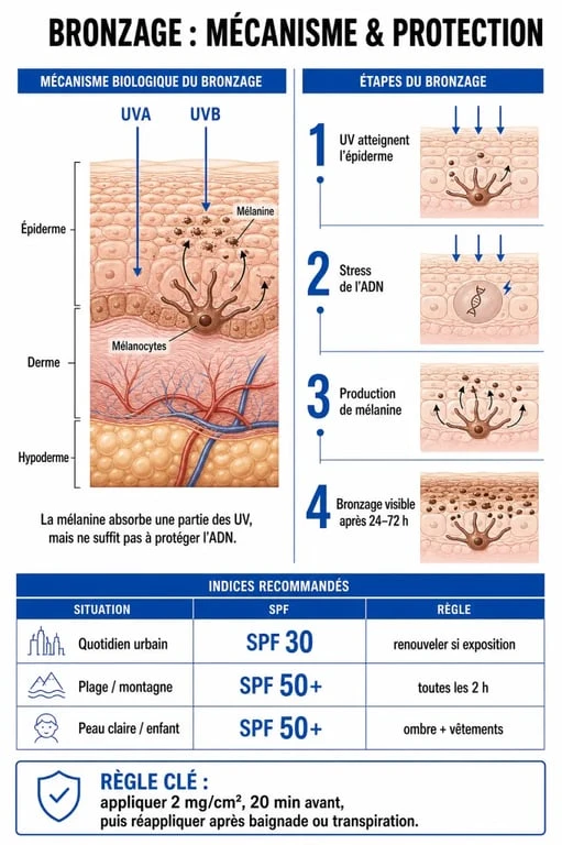 Infographie sur le mécanisme du bronzage et comment bronzer vite en toute sécurité