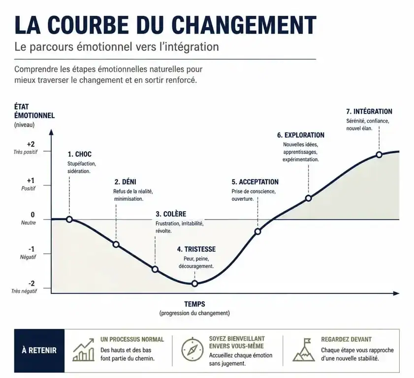 Schéma illustrant la courbe du changement en entreprise et ses différentes étapes émotionnelles
