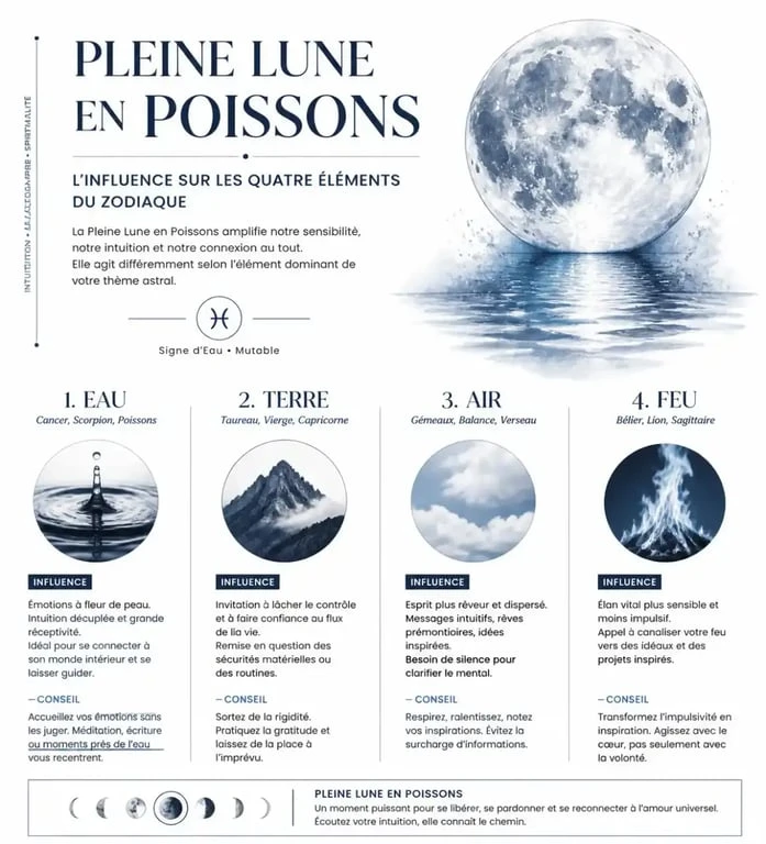 Infographie des effets de la pleine lune en Poissons sur les signes astrologiques