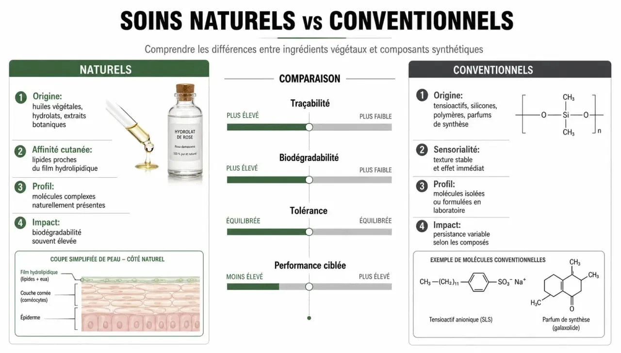 Infographie comparative des bénéfices des soins au naturel par rapport aux cosmétiques conventionnels