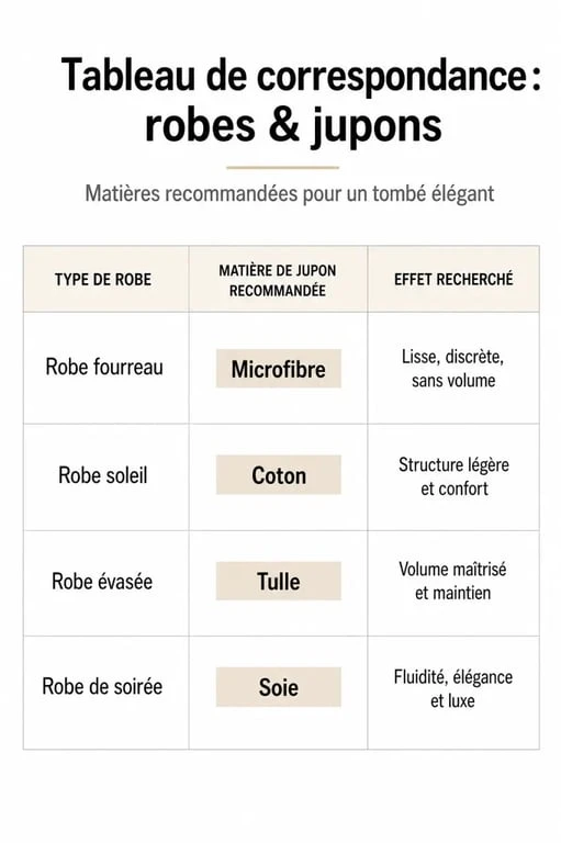 Guide visuel pour choisir le bon jupon sous une robe courte selon la matière et la coupe
