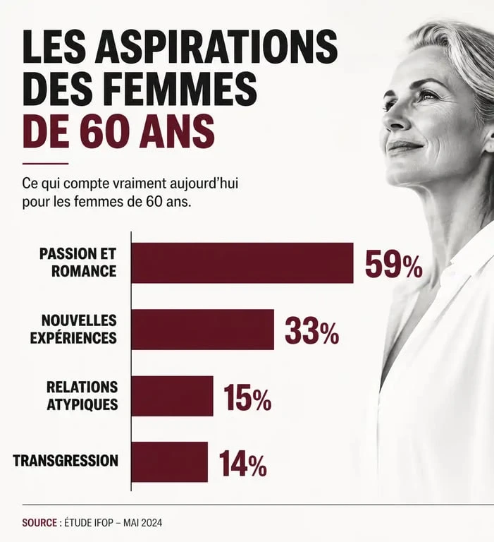 Infographie illustrant ce que veulent les femmes de 60 ans : passion, romance et nouvelles expériences