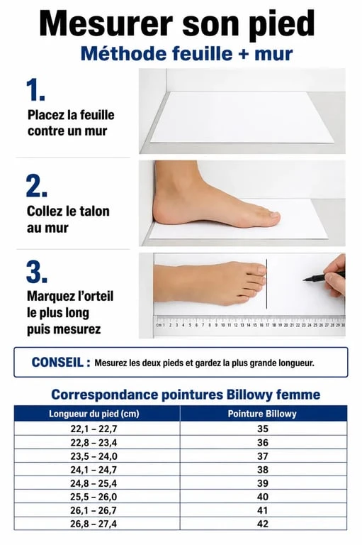 Guide visuel pour mesurer son pied et choisir sa pointure de chaussures Billowy femme