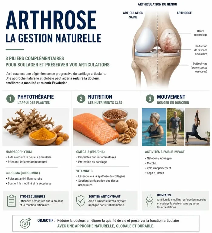 Infographie sur les remèdes naturels et conseils pour soulager l'arthrose au quotidien