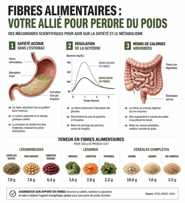 Infographie sur les bienfaits des aliments riches en fibres pour maigrir et la régulation de la glycémie