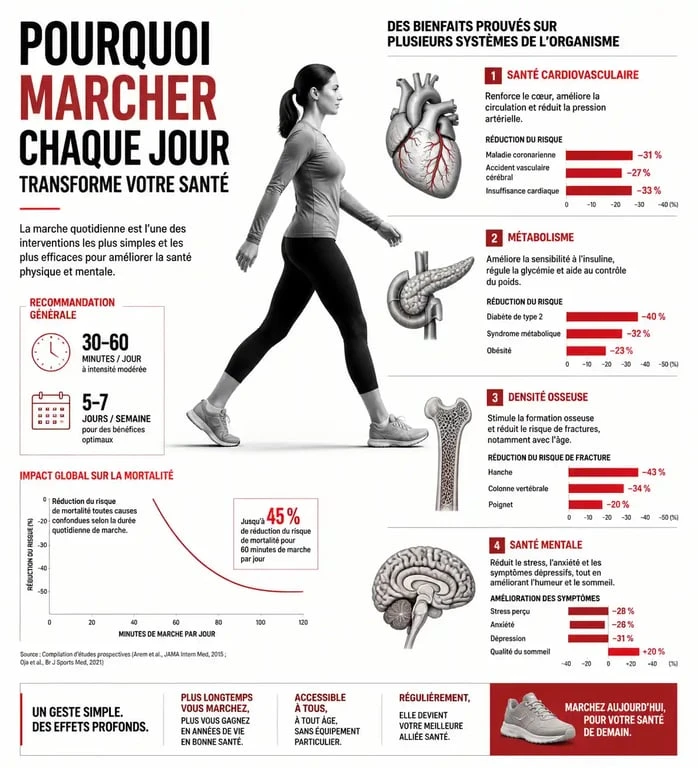 Infographie des bienfaits santé de marcher 1h par jour pour le cœur, les os et le métabolisme