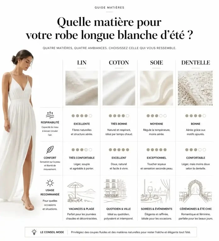 Infographie comparative des matières pour choisir sa longue robe blanche d'été : lin, coton, soie et dentelle