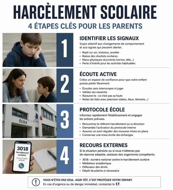 Infographie des étapes à suivre en cas de harcèlement scolaire que faire en tant que parent