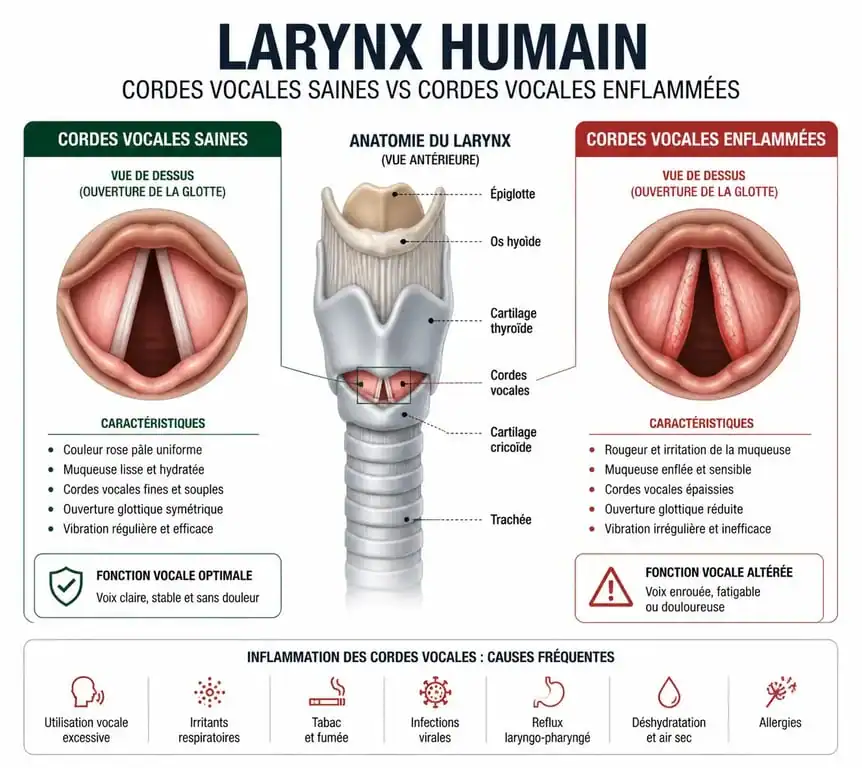 Schéma anatomique illustrant l'inflammation des cordes vocales lors d'une extinction de voix