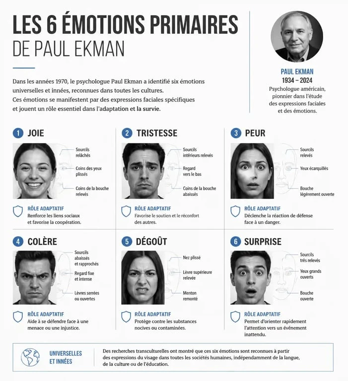 Infographie des 6 émotions primaires de Paul Ekman pour comprendre les différentes émotions humaines