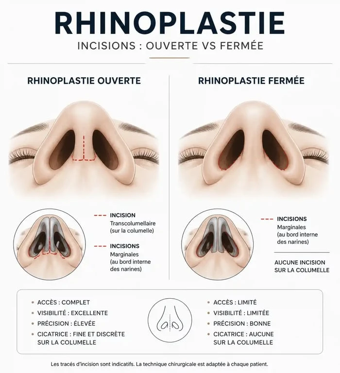 Schéma des techniques de rhinoplastie ouverte et fermée pour mieux comprendre l'intervention