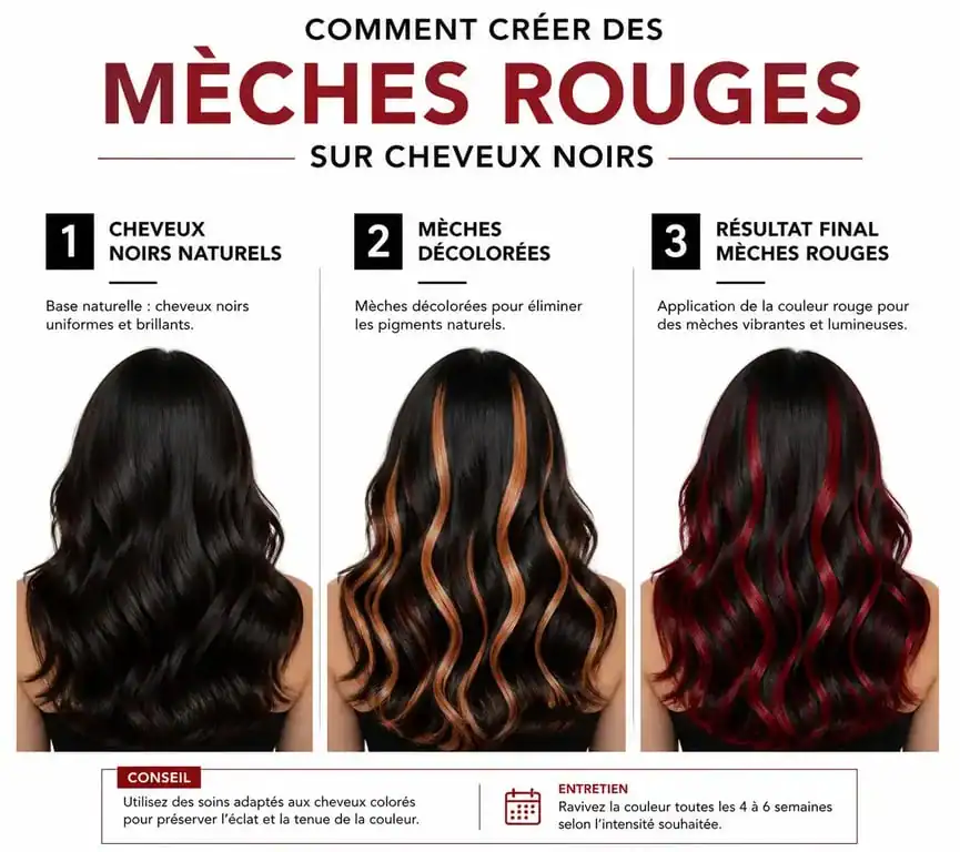 Processus étape par étape pour réaliser des mèches rouges sur cheveux noirs