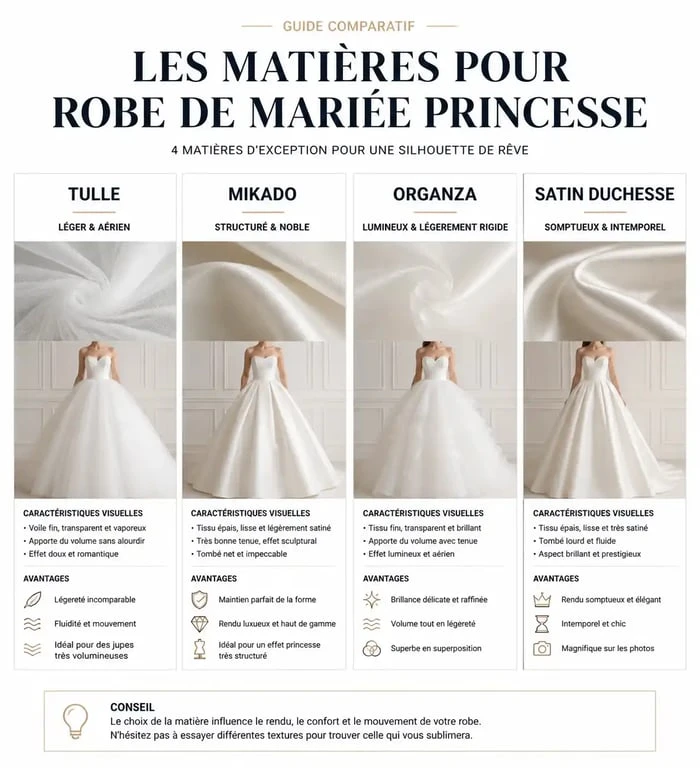 Infographie comparative des matières pour robe de mariée princesse : tulle, mikado, organza et satin