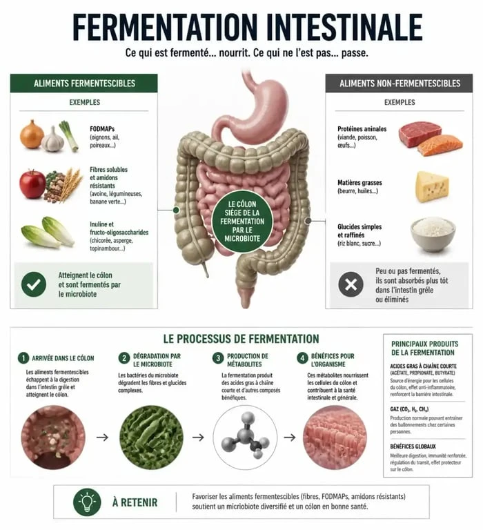 Infographie sur les aliments qui font gonfler le ventre et le processus de fermentation intestinale